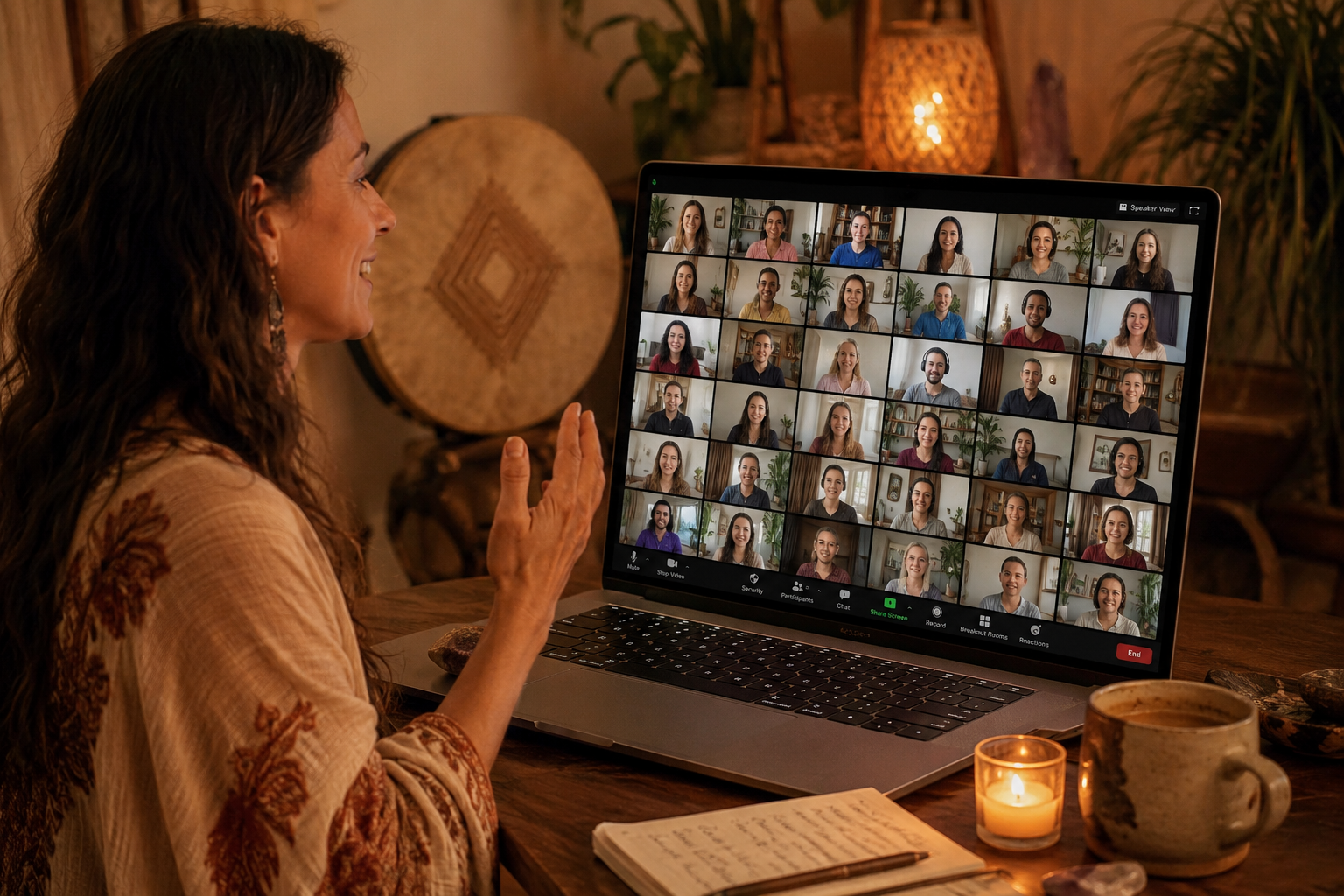 An intimate online singing circle gathered by candlelight